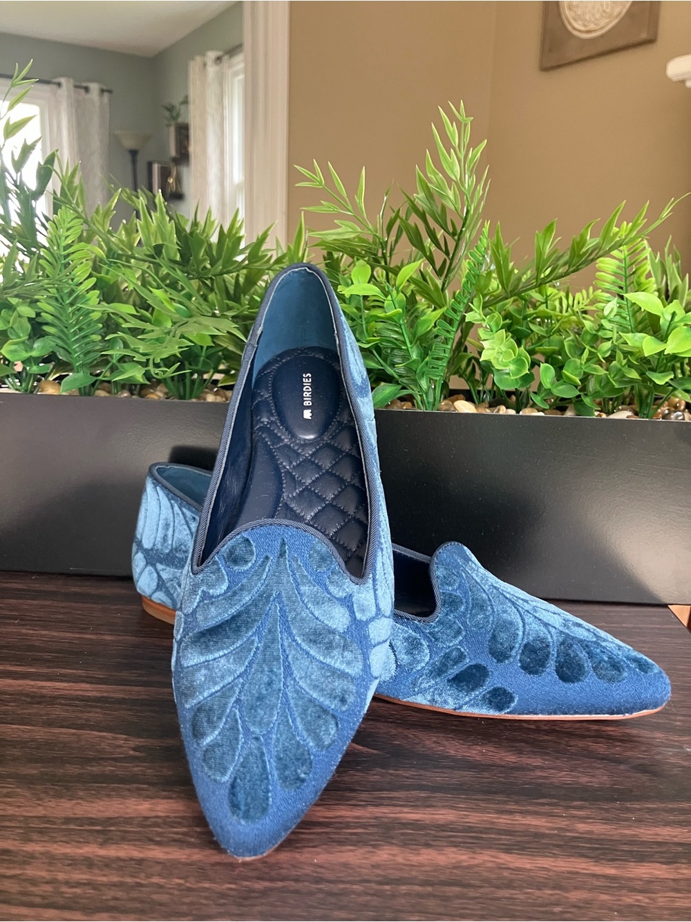 Birdies Blue Velvet Embroidered Pointed Flats